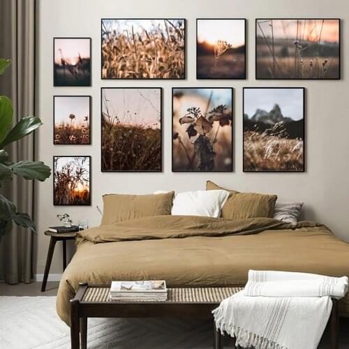 Sunset Nature Scenery Wall Art Painting Poster Reed Field Brown Flowers Grass Canvas Print Pictures For Living Room Decor TB118