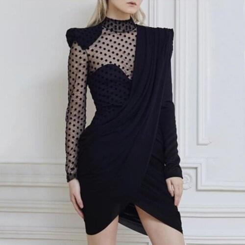 2020 New fashion brand style stand up collar sexy Polka Dot mesh splicing slim package hip fold dress