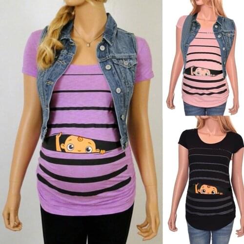 2021 Summer New Maternity Cute Funny Baby Print Striped Short Sleeve T-shirt Maternity Clothes Pregnancy Tops vetement femme