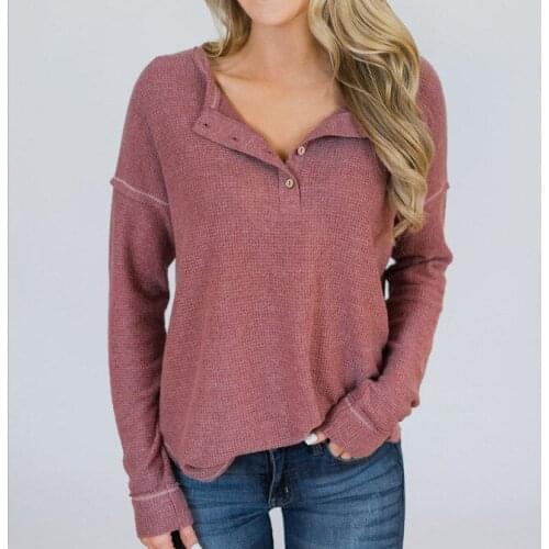 Slim Fashion Female Long Sleeve T-shirt Europe Style Autumn Solid Button Basic O-neck Woman T-shirt