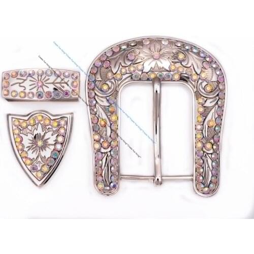 Huge Big Western Cowboy Rodeo Ranger Rhinestone Crystal Leather Belt Buckle Three Piece Set Bling SIlver Floral Design