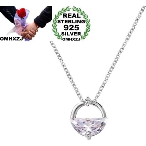 OMHXZJ Wholesale European Fashion Woman Girl Party Wedding Gift Half Round AAA Zircon 925 Sterling Silver Pendant Necklace NA60