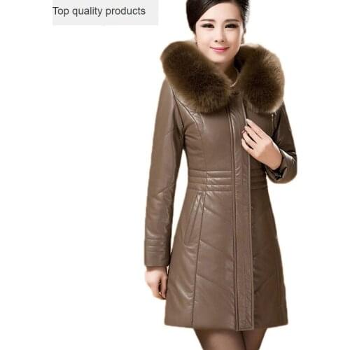 New Winter Womens Sheepskin Leather Thick Coat Fur Collar Hooded Mid-long Jacket Outerwear Thick Plus Size DX048