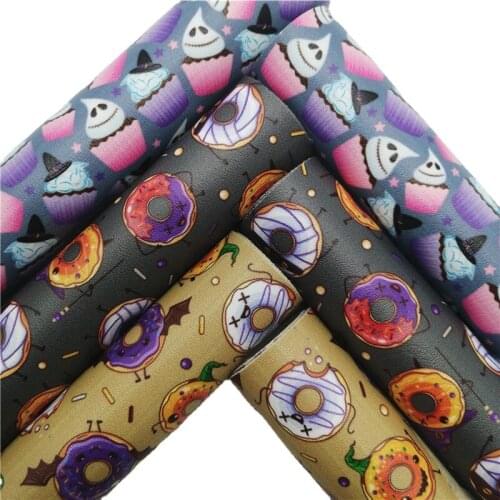 Donuts Cupcakes Printed Synthetic Leather Litchi Faux Fabric Sheets Felt Backing Vinyl For Earrings bag Bows DIY 21X29CM GM2305A