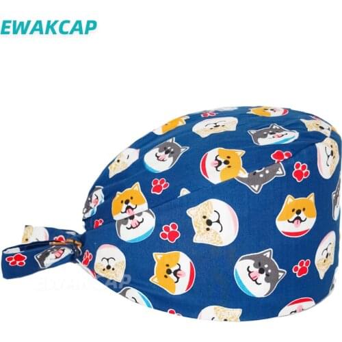 Anime Scrub Hat Doctors Surgicals Cap with Sweatband Adjustable Husky Printed Pet Pediatrician Clinic Women Men Scrubs Caps