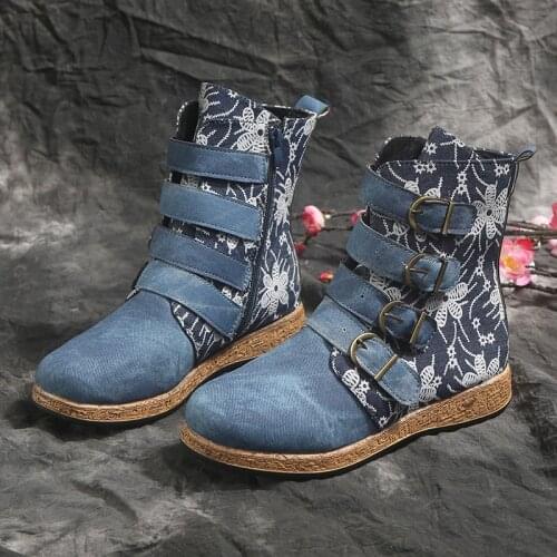 Vintage Ladies Boots PU Floral Print Patchwork Zipper Flats Women Ankle Boots Bohemian Autumn Female Boots
