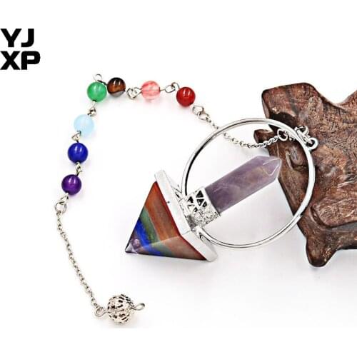 YJXP Rainbow Layer Natural Stone 7 Chakra Pendulum for Dowsing Hexagon Prism Pyramid White Crystal Reiki Healing Pendants 1 Pcs