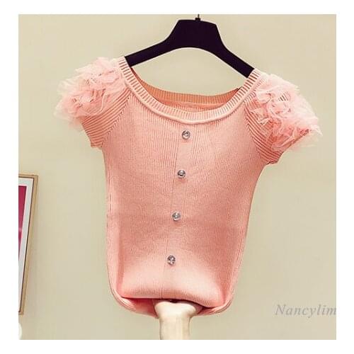 Stretch Knitted Tshirt for Women 2021 Summer New Korean Style Fashion Mesh Short Sleeve Round Neck Ice Silk Knitwear Slim Top