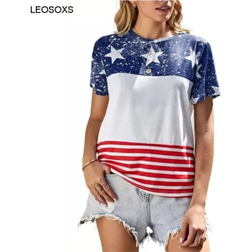 2021 New Summer Womens Fashion Print Fashion Loose Casual Short Sleeve Star Stripe T-shirt Pullover Streetwear
