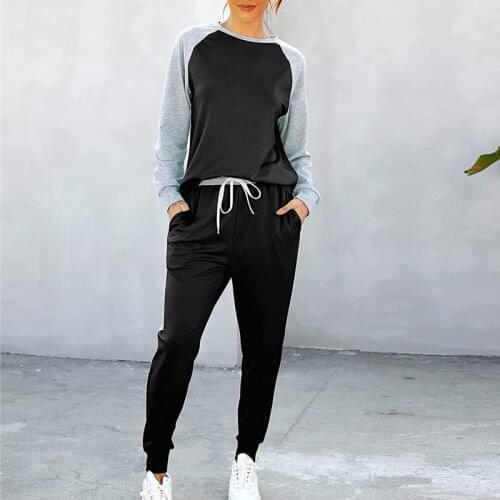 Drawstring Womens Patchwork Tracksuit Two Pieces Sets Loose Long Sleeve Sweatshirt Pencil Pants Suits Sport Ladies Set 2021