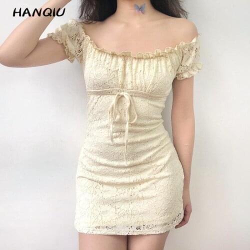 2021 Summer dress korean elegant ruffle sexy mini dress women vintage puff sleeve bodycon embroidery lace dresses streetwear