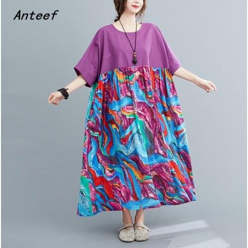 Cotton linen oversize plus size vintage floral for women casual loose long summer dress elegant clothes 2021 ladies dresses