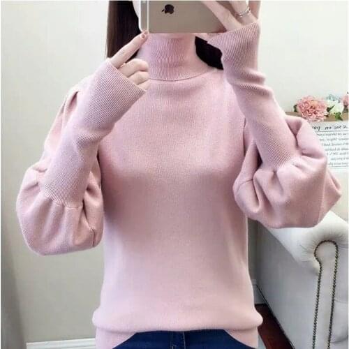 2021 Fashion Turtleneck Sweater Women Autumn Winter Bottoming Shirt Soft Elasticity Lantern Sleeve Knit Pullover Sweaters KW1052