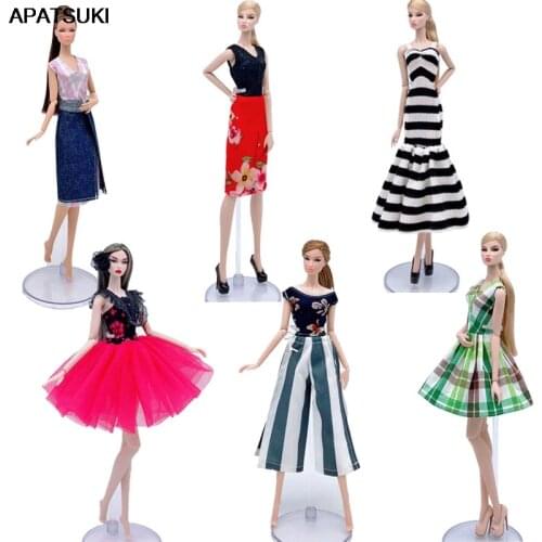 6pcs/lot Fashion Doll Clothes Set For Barbie Doll Outfits Short Dresses Plaided Party Gown 1/6 Doll Accessories Kids Toy