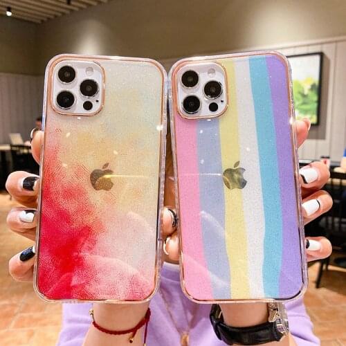 Colorful Rainbow Glitter Phone Case For iPhone 11 12 Pro Max XR XS Max X 7 8 Plus Soft IMD Clear Shockproof Phone Cover Coque