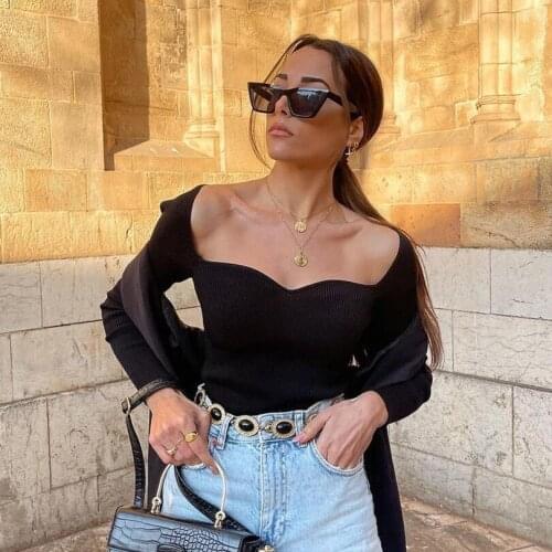 Elegant Solid Square Collar Cropped Knitted Blouse Bodycon Pullover Shirt Long Sleeve Za New Heart Shaped Female Sweater