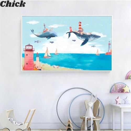 KidS Amazing Sea World Canvas Prints Cartoon Nursery Flying Whale & Fish Wall Art Poster Baby Infants Room Picture Decoration