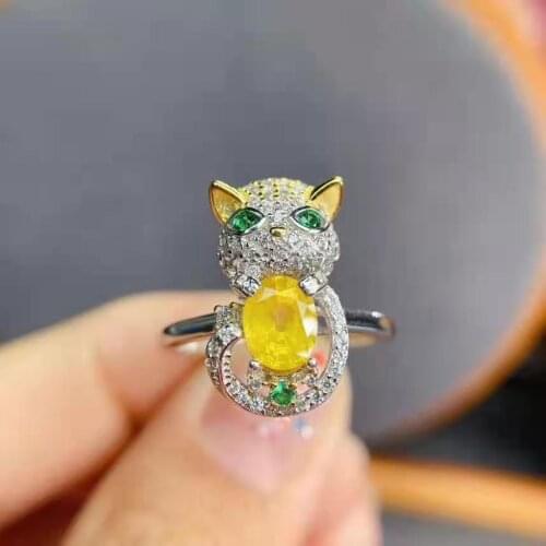 Natural Fine Yellow Sapphire Cat Style Ring S925 Sterling Silver New Fashion Wedding Jewelry for Women Free Shipping MeibaPJFS