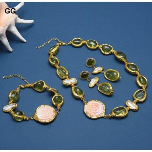 GuaiGuai Jewelry NaturalKeshi Pearl Pink Queen Conch Coral Flower Green Murano Glass Necklace Bracelet Earrings Sets For Women