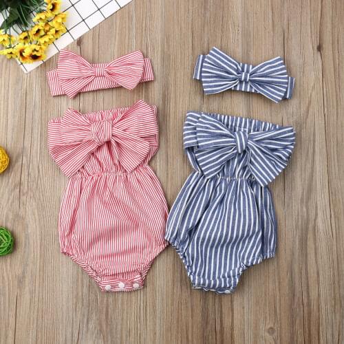 New Fashion Newborn Baby Clothes Off Shoulder Bowknot Striped Bodysuit 2Pcs Jumpsuit+Headband Outfits Set Girl Cute Clothing