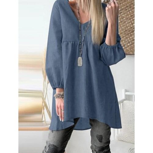 Fashionable Womens Dresses Solid Color V-Neck High And Low Hem Dresses 2021 Loose Female Long Sleeves Dresses V-neck Vestidos