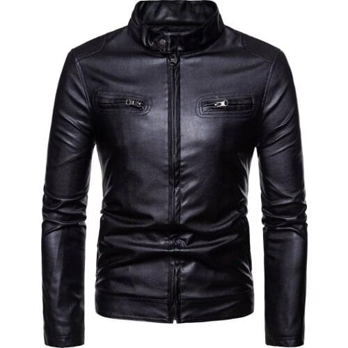 Mens Leather Jacket Autumn Winter Coat New Mens Standing Collar Leather Jacket with Double Pocket