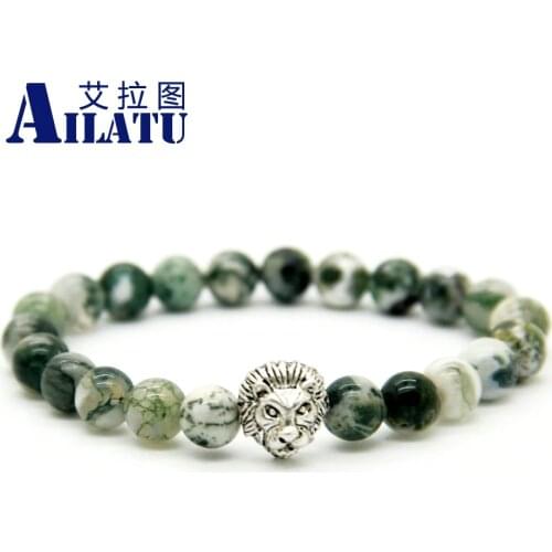 Ailatu Mens Seeking Free Silver Color Lion Head Bracelet Jewelry Made with 8mm Natural Round Green Tree Grain Stone