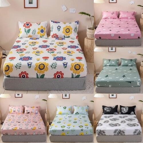 1pc 100% Cotton Fitted Sheet Cat All-inclusive Floral Mattress Cover Sheet Four Corners With Elastic Band Sheets For Queen Bed