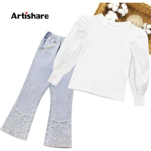 Girls Clothes Tshirt + Pearls Jeans Girl Clothes Casual Style Costumes For Girls Summer Childrens Tracksuits 6 8 10 12 14