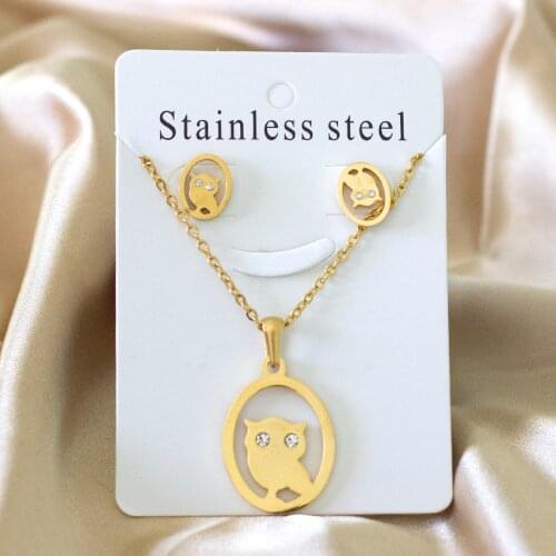 Round Pendant Owl Necklace and Stud Earrings Stainless Steel Jewelry Set for Girl Women Gold/Silver Color Jewlery Gift
