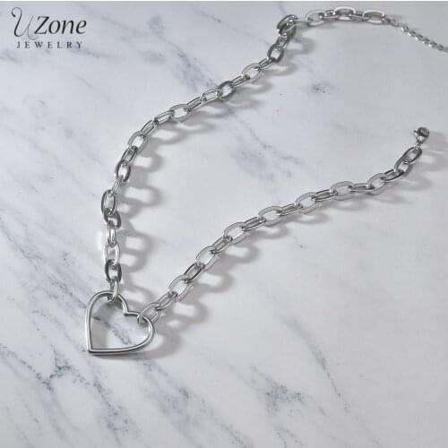 UZone Lovely Choker Stainless Steel Necklaces Big Heart Pendant Figaro Chain Necklace for Women Lovers Daily Jewelry Party Gift