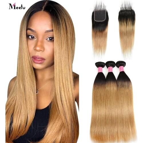 Meetu Straight Bundles with Closure 1b 27Color Ombre Bundles with Closure 4X4 Brazilian Remy Human Hair Bundles with Closure
