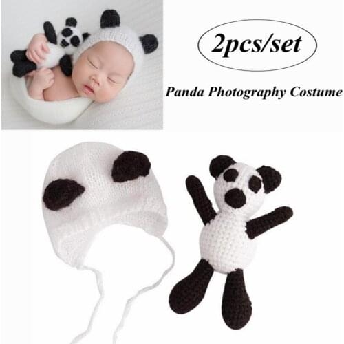 Newborn Photography Props Accessories Crochet Knitted Clothes Baby Boy Panda Hat+Toy Dolls 2 Piece Set Baby Photo Props