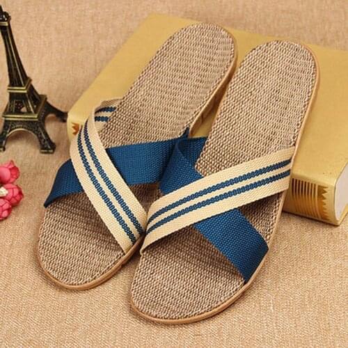Summer New Mens Linen Slippers Fashion Home Hemp Slides Couples Flat Breathable EVA Flip Flops Male Casual Sandals Wholesale