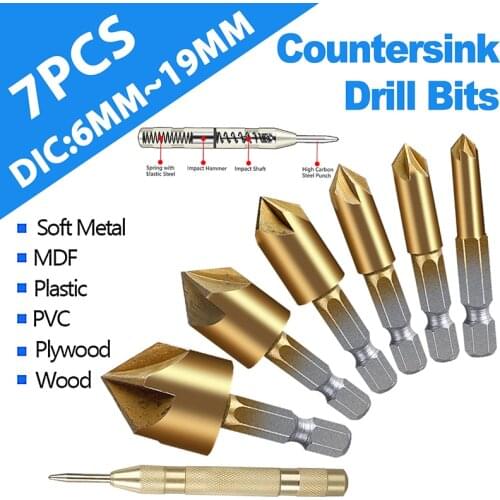 7PCS Industrial Countersink Drill Bit with Center Punch 6-19mm Hex Shank 90 Degree Wood Chamfering Cutter Chamfer Tool