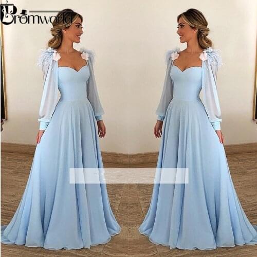 Light Blue Muslim Evening Dresses 2020 A-line Flowers Chiffon Plus Size Prom Dress Arabic Dubai Long Sleeves Evening Gown
