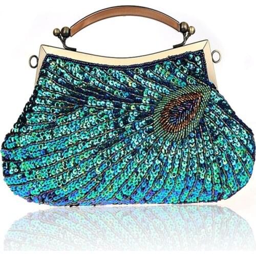 Vintage Womens Clutches Evening Bags with handle Peacock Pattern Sequins Beaded Bridal Clutch Purse luxury mini handbag WY35