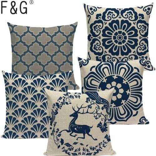 Euphoria Oriental Blue and White Porcelain Printed Cotton Linen Cushion Cover Sofa Bedding Decorative Throw Pillow Case 45x45cm