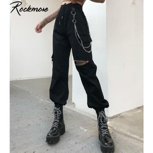 Rockmore Punk Cargo Pants Women Streetwear Joggers High Waisted Zipper Chain Hip Hop Trousers Sweatpants Female Black Pants 2021