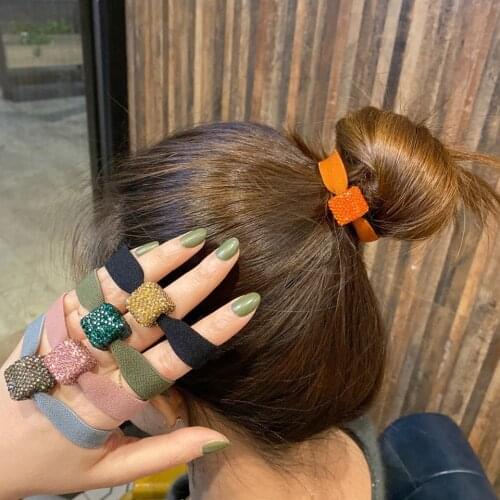 Women Korean Modal Square Rhinestone Hair Ties Lady Fashion Knotted Wide Hair Bands