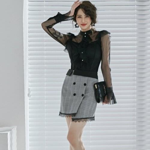 New arrival fashion set women spring OL temperament sexy perspective mesh dot ruffle shirt and plaid mini skirt two piece set