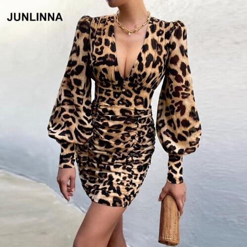 100% Polyester Womens Leopard/Floral Printing Dress Sexy Deep V Neck Long Sleeve Autumn Dresses Folds Fashion Bottom Vestidos