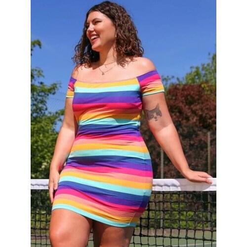 2021 Summer Dress Plus Size 5XL Short Sleeve Colorful Striped Print Off Shoulder Dress Big Size Slim Bodycon Short Mini Dresses