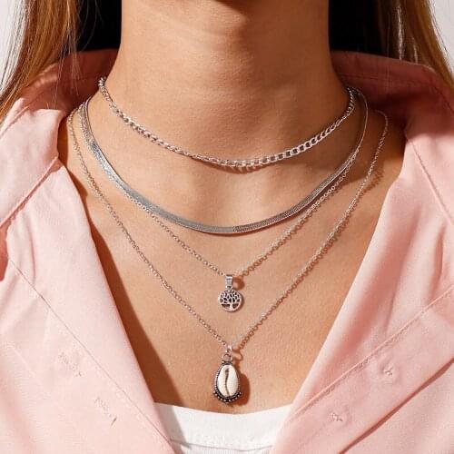 2021 Summer Vintage Multilayer Chain Choker Necklaces For Women Girls Boho Jewelry Geometric Seashell Life Tree Necklace Pendant
