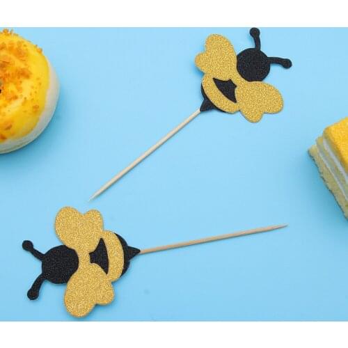 24 Pcs Paper Cake Toppers Shiny Bee Cupcake Toppers Honeybee Fruit Picks Dessert Decorative Supplies for Kid Birthday Party
