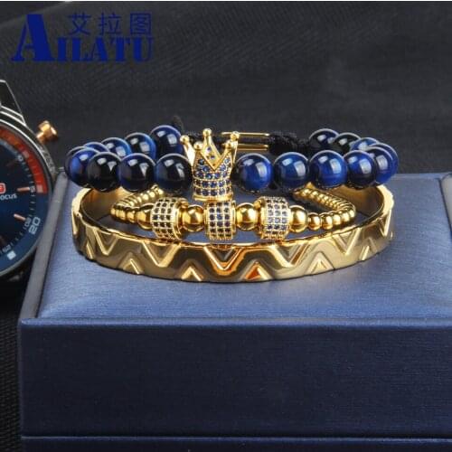 3pcs/set Luxury Natural Tiger Eye Stone Beads Blue CZ Crown Sets Bracelet Titanim Stainless Steel Rectangle Bangle Mens Jewelry
