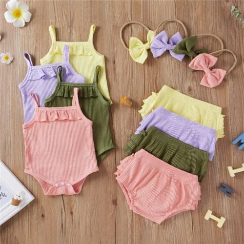 3Pcs Baby Girls Clothes Set Summer Breathable Solid Color Sleeveless Romper + Casual Shorts + Bow Headwear