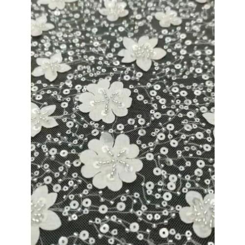 5yards/pc) High grade white African wedding tulle lace with tube beads and sequins embroidery and 3D flowers for dress FYX004