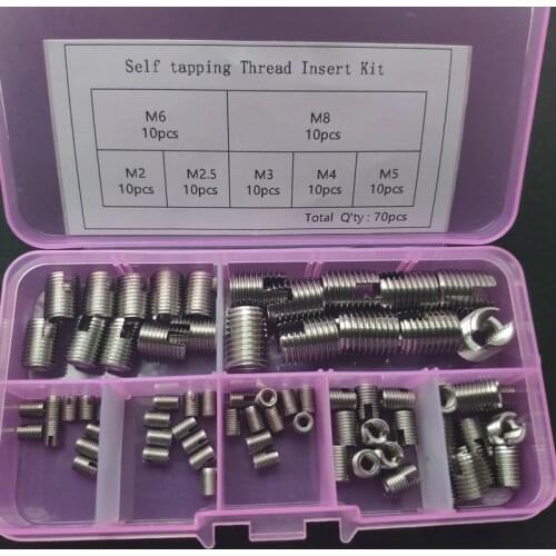 70PC M2 M2.5 M3 M4 M5 M6 M8 Stainless Steel Self Tapping Thread Slotted Inserts Set Thread Repair Tools set Thread Inserts kit