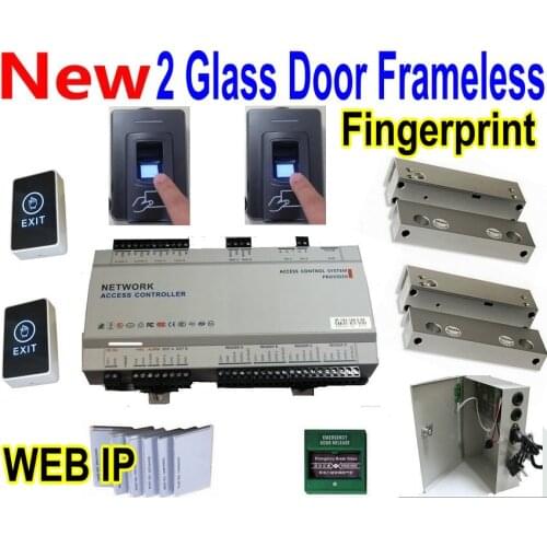2 Glass Door Frameless Lock +Web IP-based Controls Access Controller Board+UPS Power supply+Finger+card reader+Hand touch exit